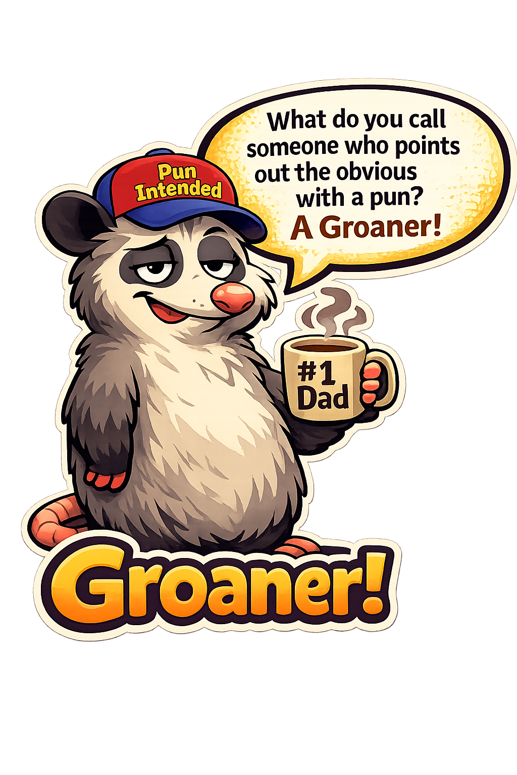 Groaner mascot asking: What do you call someone who points out the obvious with a pun? A Groaner!